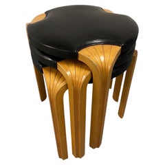 Set of Alvar Aalto Stool X600 in Birch and Original Black Leather, Artek, 1960s