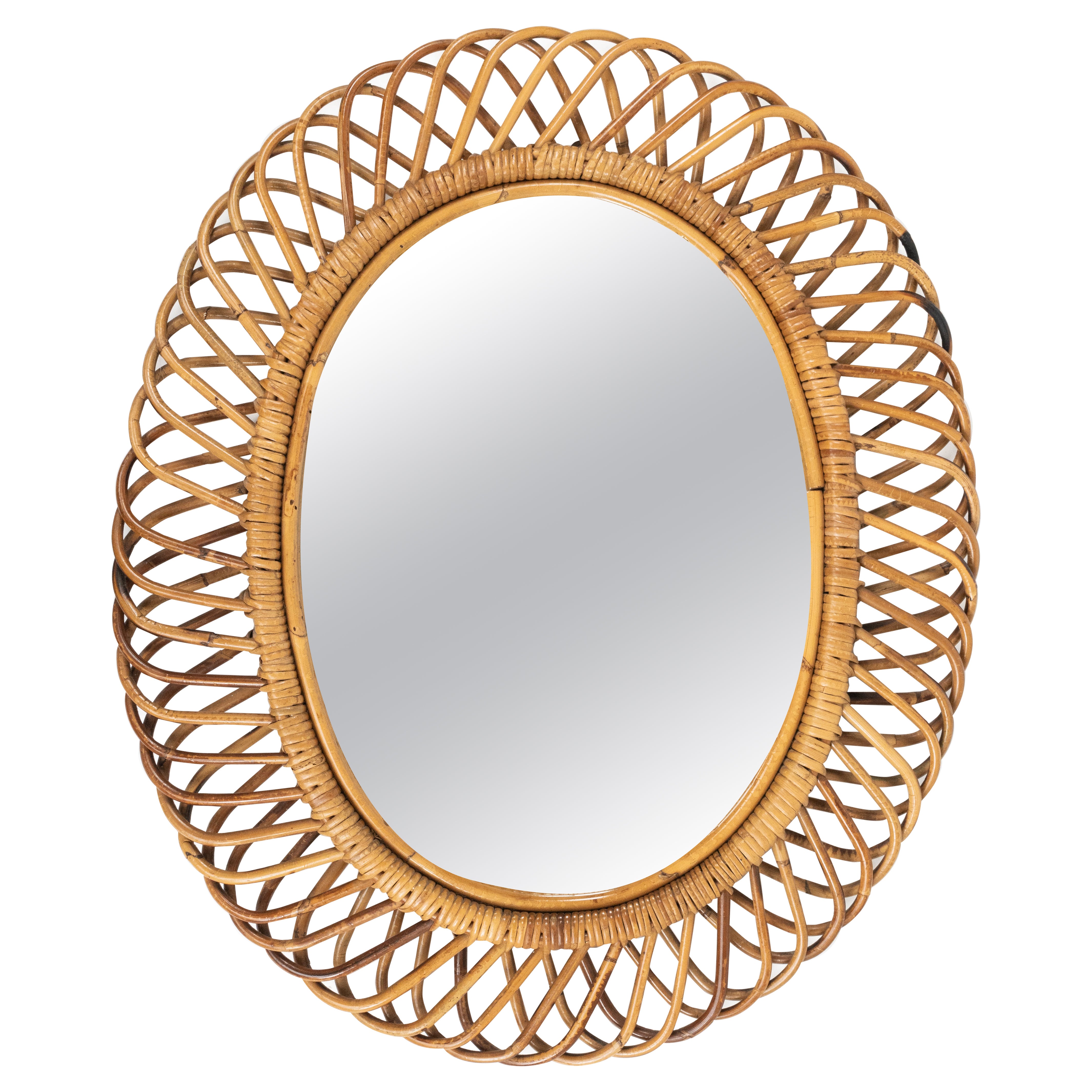 Midcentury Rattan and Bamboo Oval Wall Mirror by Franco Albini, Italy 1960s