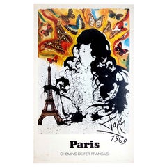 Original-Vintage-Poster, Paris, Frankreich, Eisenbahn, Reisen, Eiffelturm, Schmetterlingsdesign
