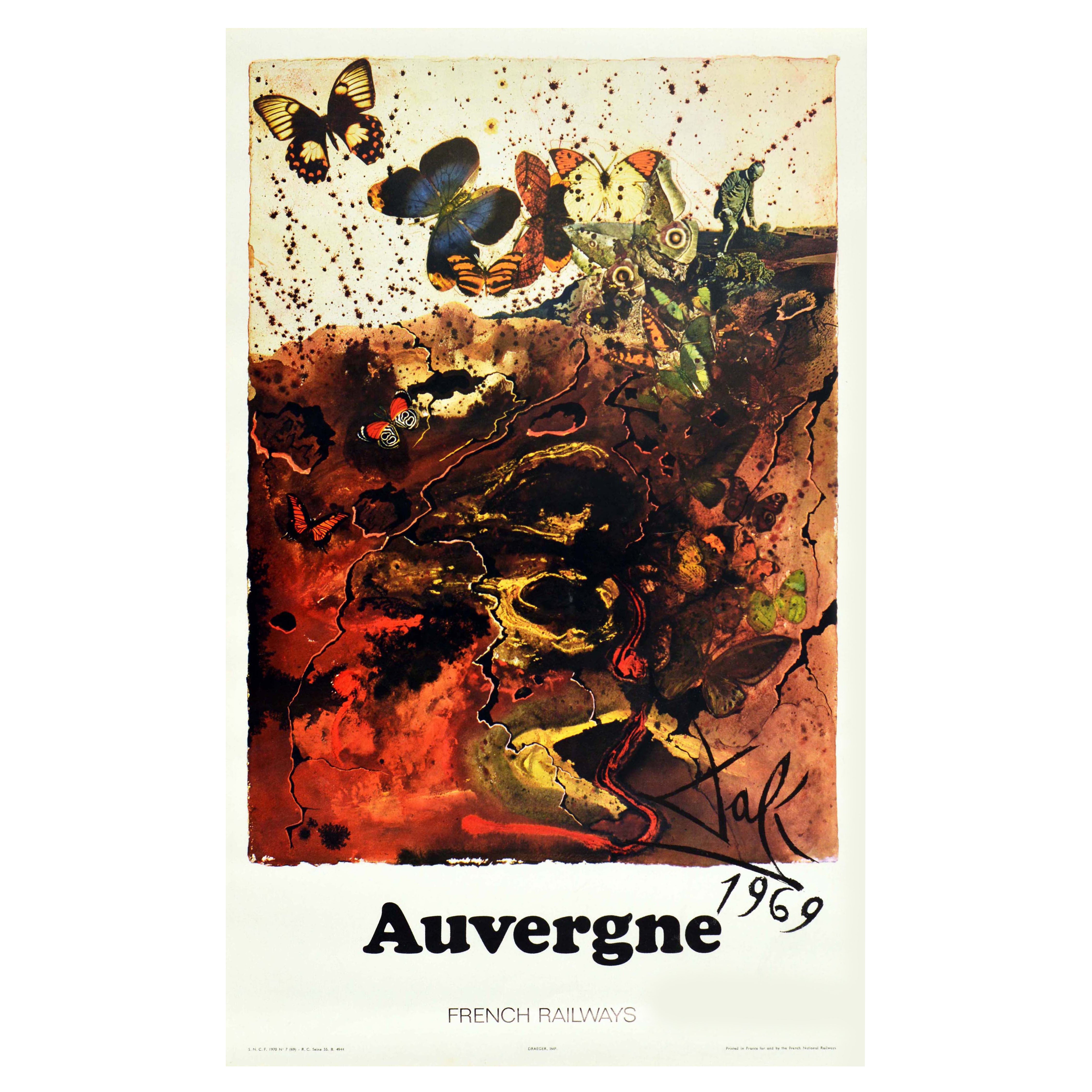 Original Vintage Railway Poster Auvergne, Dali For SNCF Butterfly Abstract Art