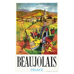 Affiche publicitaire vintage d'origine Beaujolais France Wine Rhone AOC