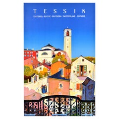 Affiche rétro originale de voyage Tessin Ticino Suisse