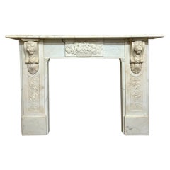 A Large Antique English Victorian Carved Statuary White Marble Fireplace Mantel