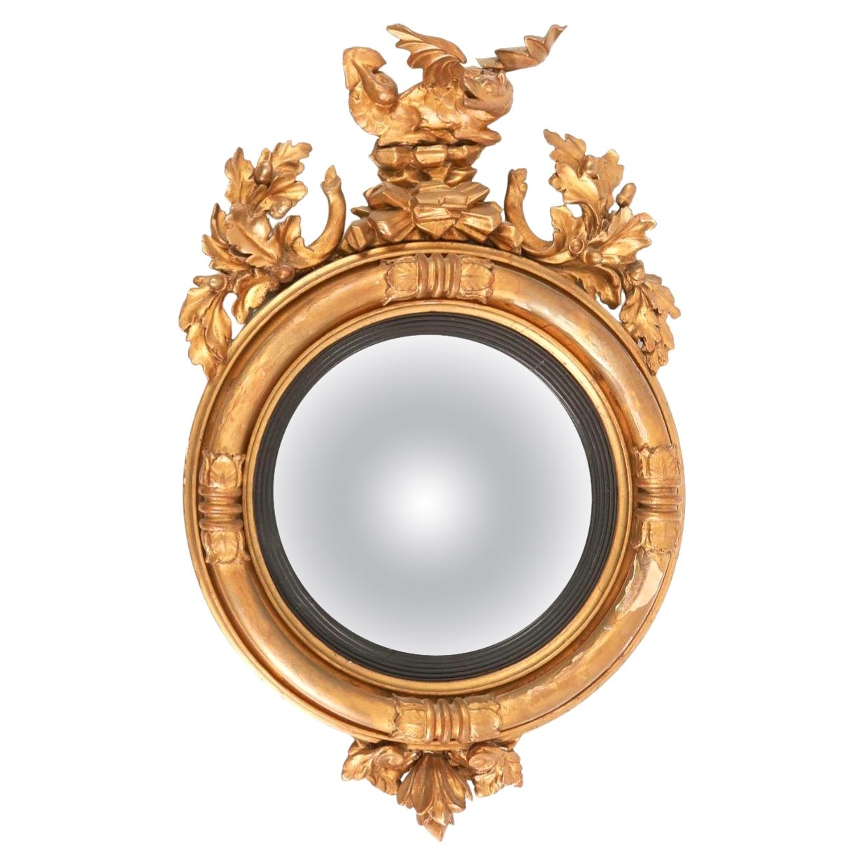 Specchio georgiano convesso in legno dorato con drago