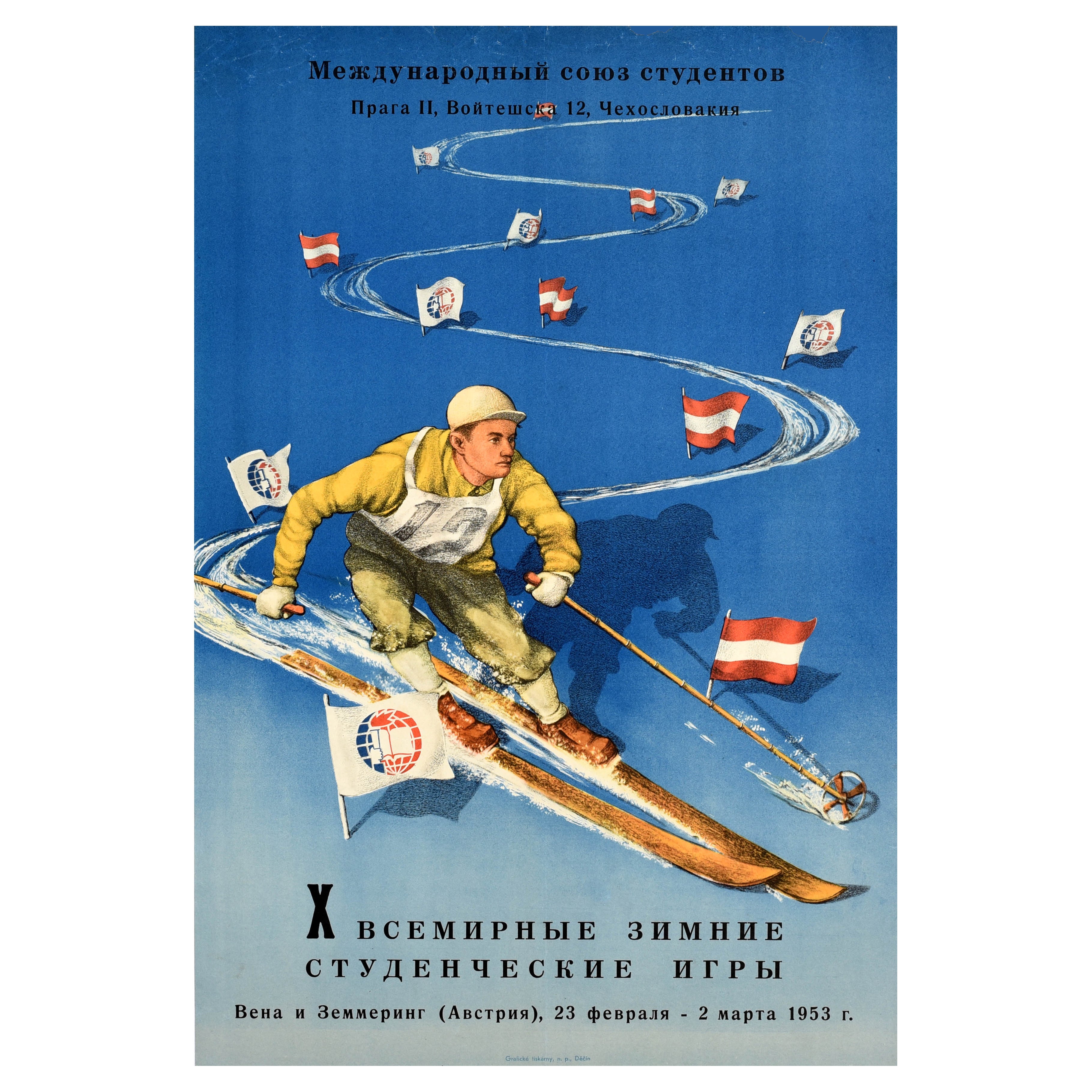 Póster deportivo original de época Esquí Austria Juegos Mundiales de Invierno Estudiante Praga