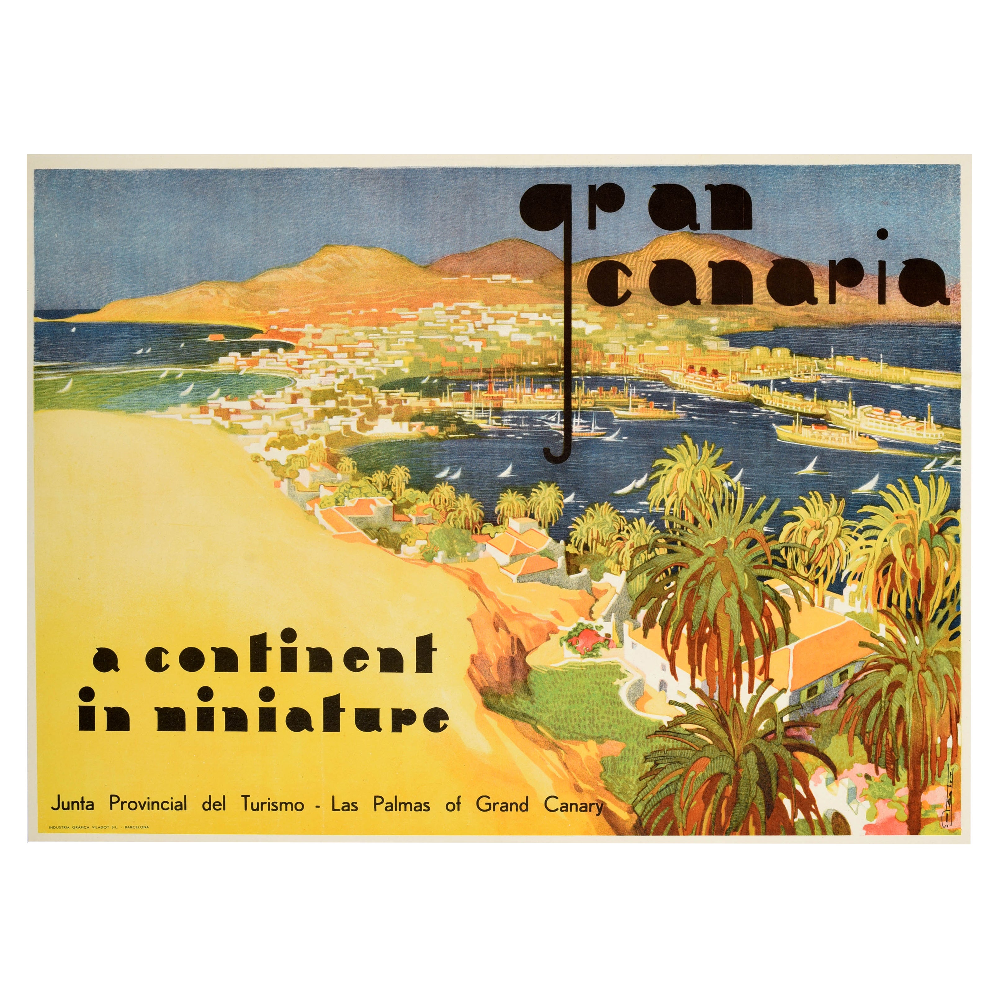 Affiche de voyage espagnol vintage originale Gran Canaria Art Deco Continent Miniature