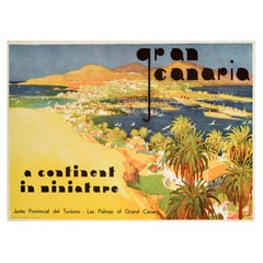 Original Vintage Cartel de Viaje Español Gran Canaria Art Deco Continente Miniatura