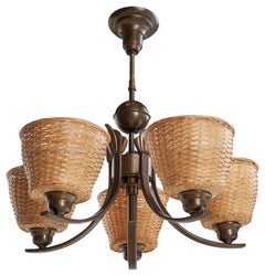 Swedish Designer, Chandelier, Brass, Rattan, Sweden, 1940s