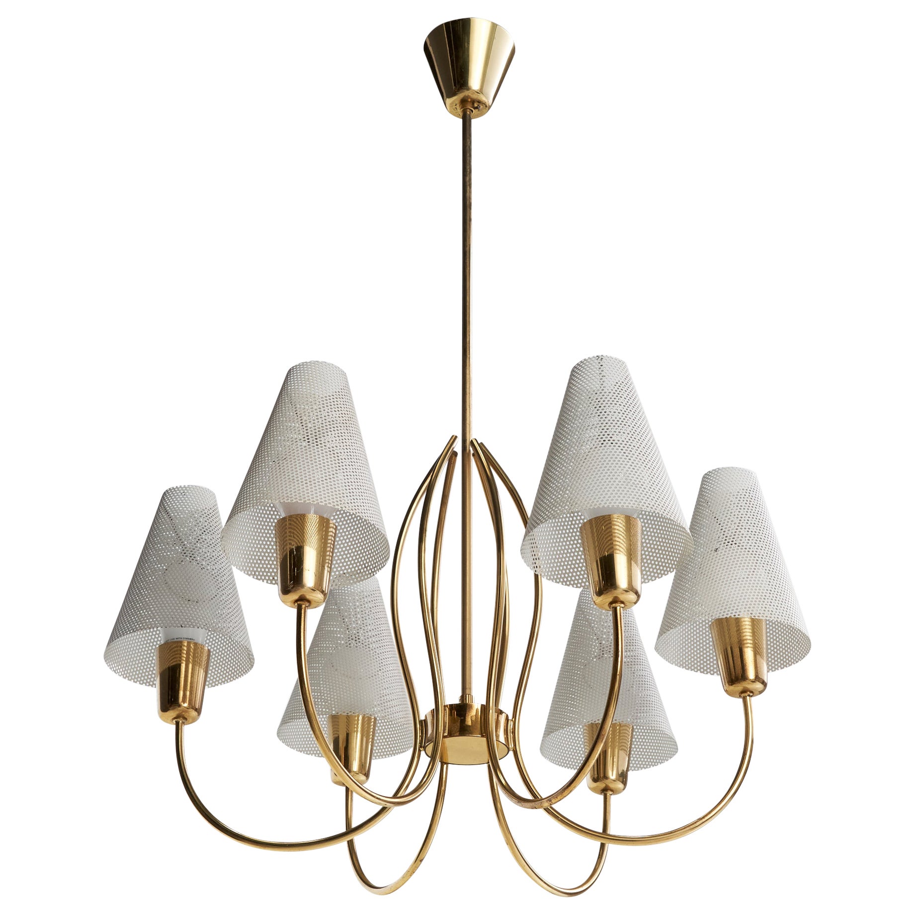 Swedish Designer, Chandelier, Brass, Metal, Sweden, 1950s