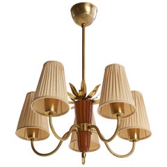 Swedish Designer, Chandelier, Brass, Oak, Fabric, Sweden, 1940s