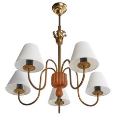 Swedish Designer, Chandelier, Brass, Wood, Fabric, Sweden, 1940s