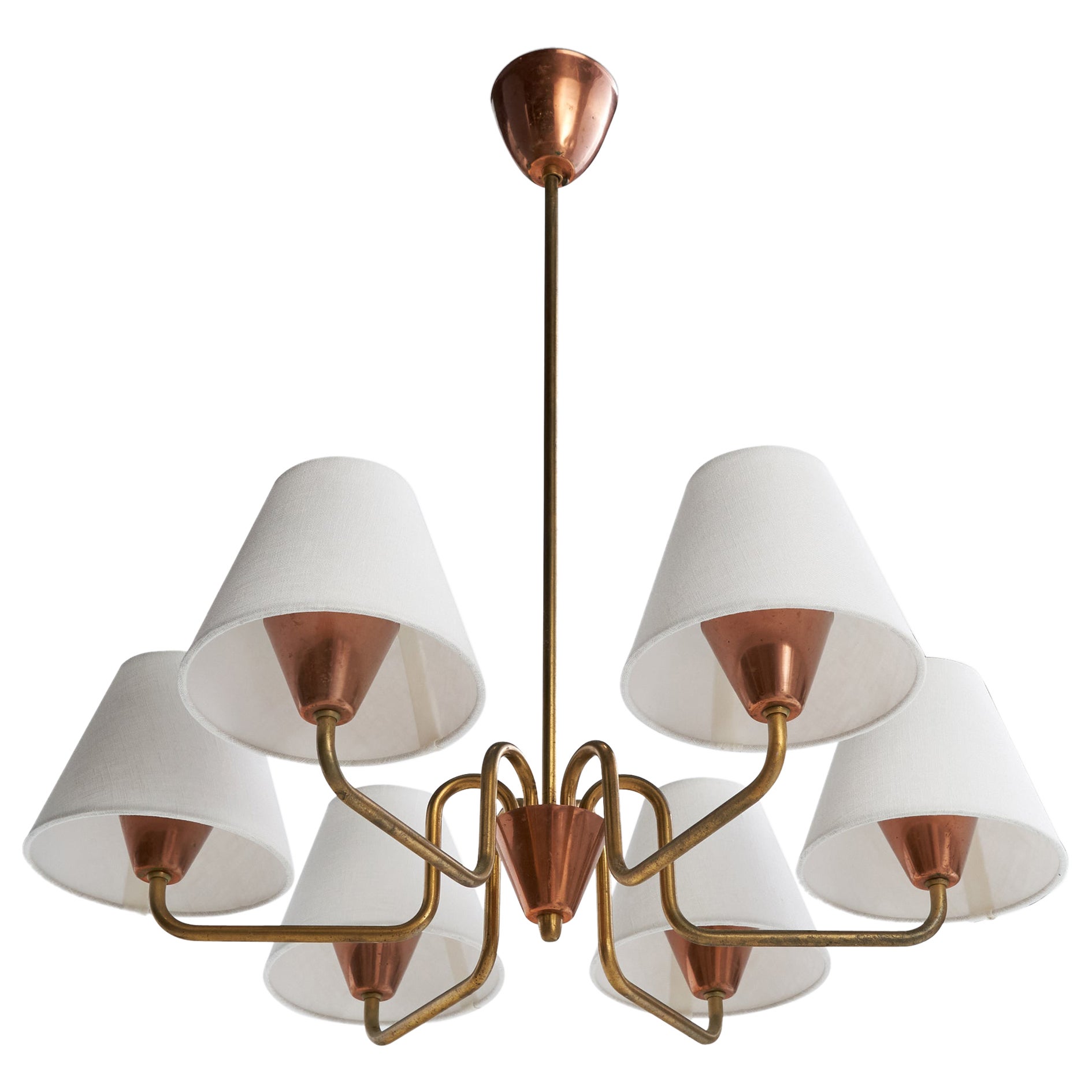 Swedish Designer, Chandelier, Brass, Copper, Fabric, Sweden, 1950s