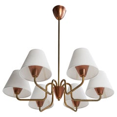 Swedish Designer, Chandelier, Brass, Copper, Fabric, Sweden, 1950s