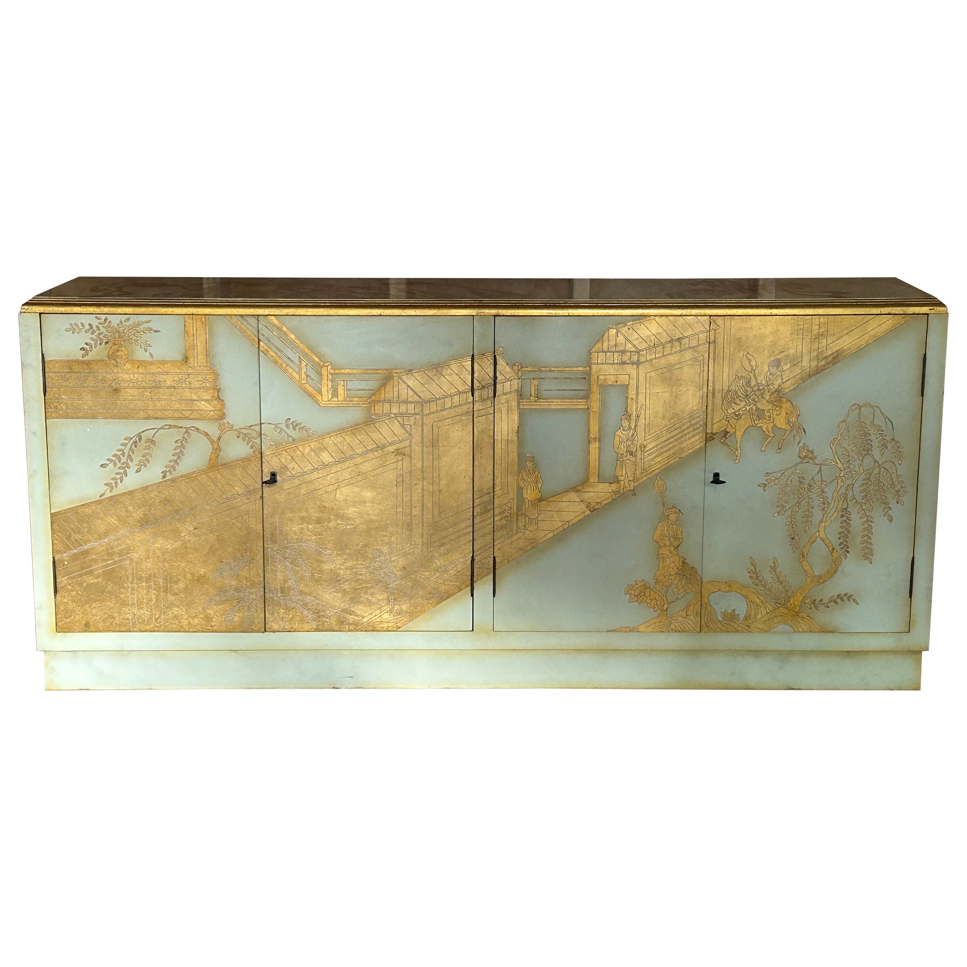 Sensationelle Creme Blattgold Chinoiserie Credenza Kabinett Konsole LaVerne Stil im Angebot