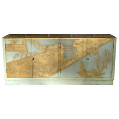Sensational Cream Gold Leaf Chinoiserie Credenza Cabinet Console LaVerne Style