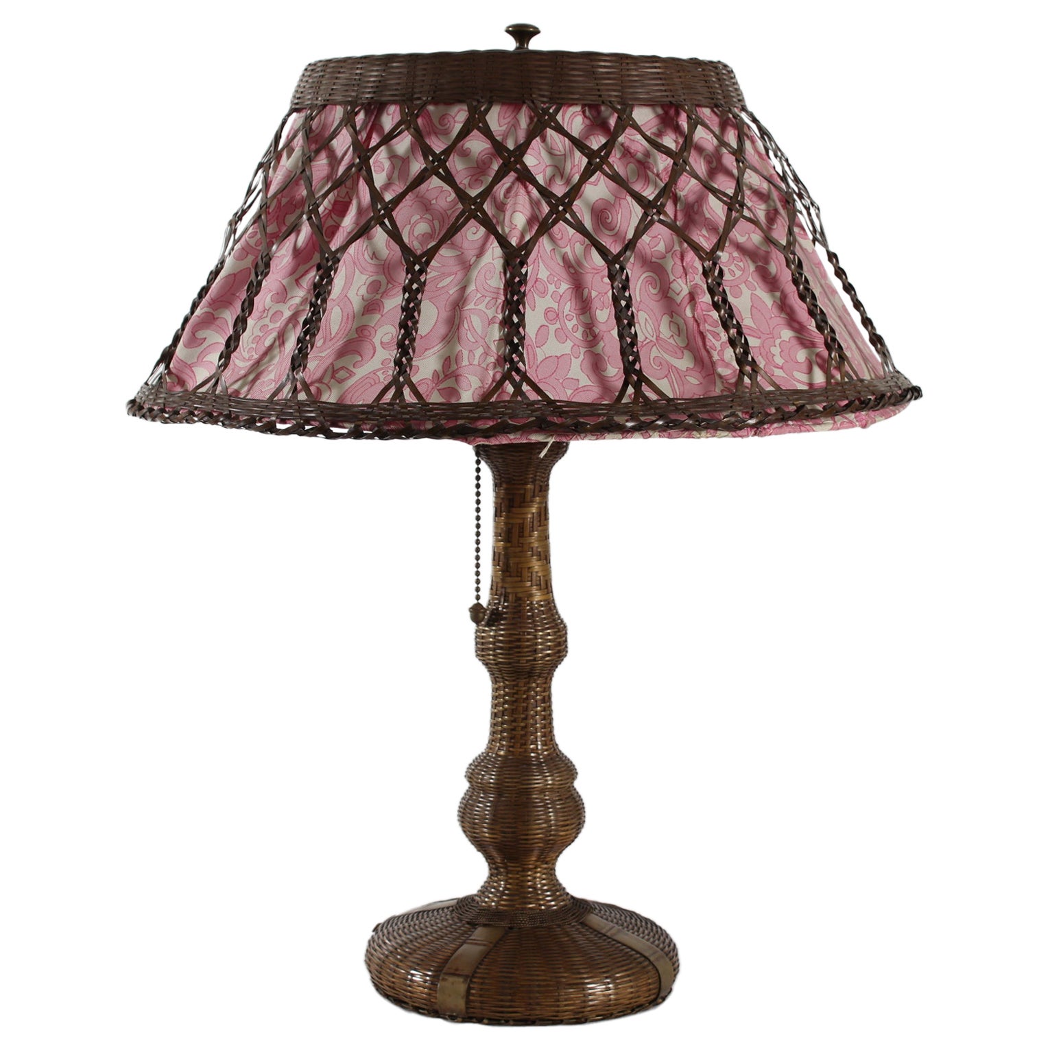Arts and Crafts Pull Chain Table Lamp of Plaited Brass with Floral Fabric 1930s