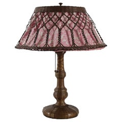 Antique Arts and Crafts Pull Chain Table Lamp of Plaited Brass with Floral Fabric 1930s