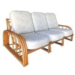 Restored Paul Laszlo 3-Strand 3 Seat Rattan Sectional Sofa w/ Open Base