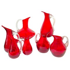Retro Decorative Red Glass Jugs, Geoffrey Baxter Whitefriars c.1950s Set of Seven