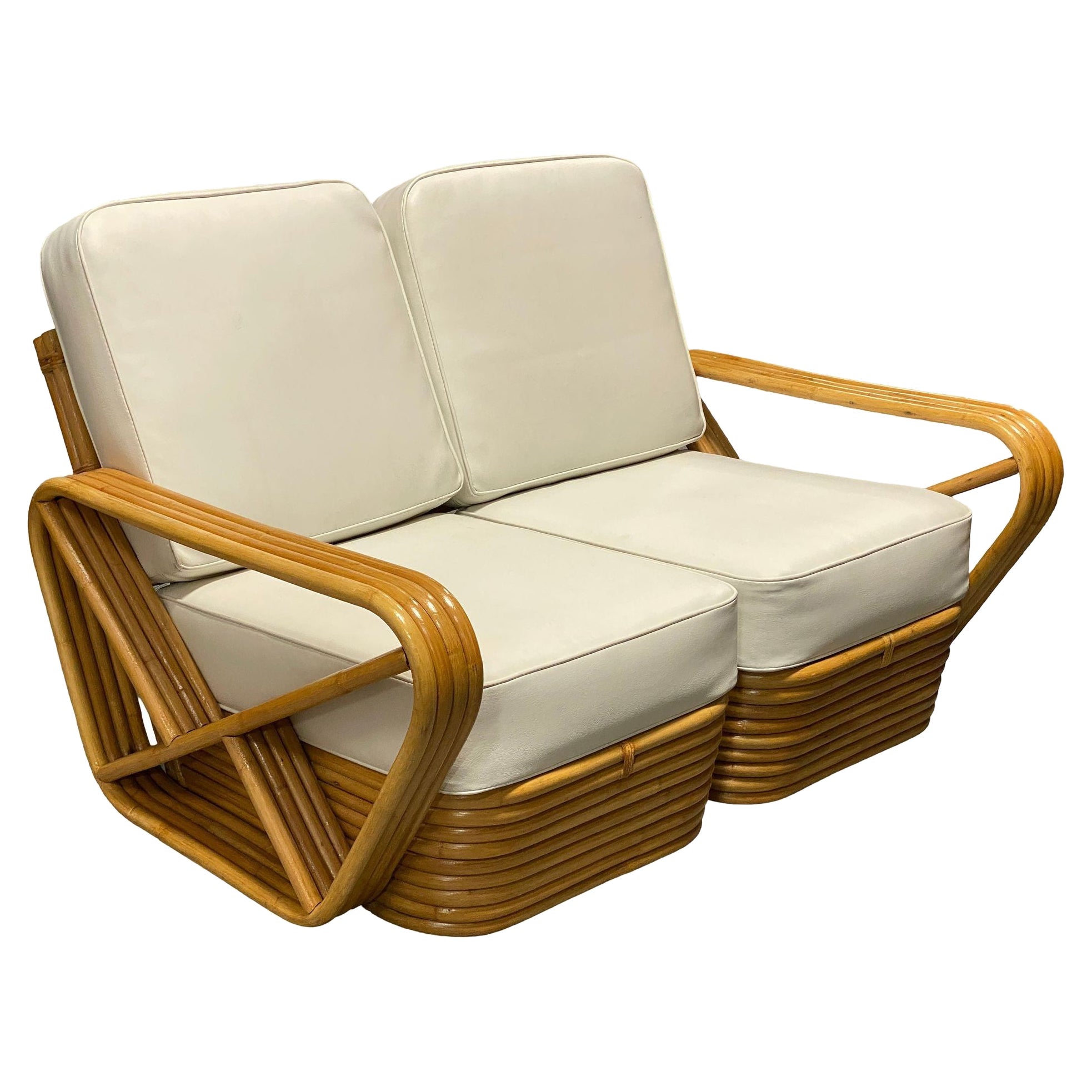 Restored Frankl Style Four-Strand Square Pretzel Rattan Sectional Settee