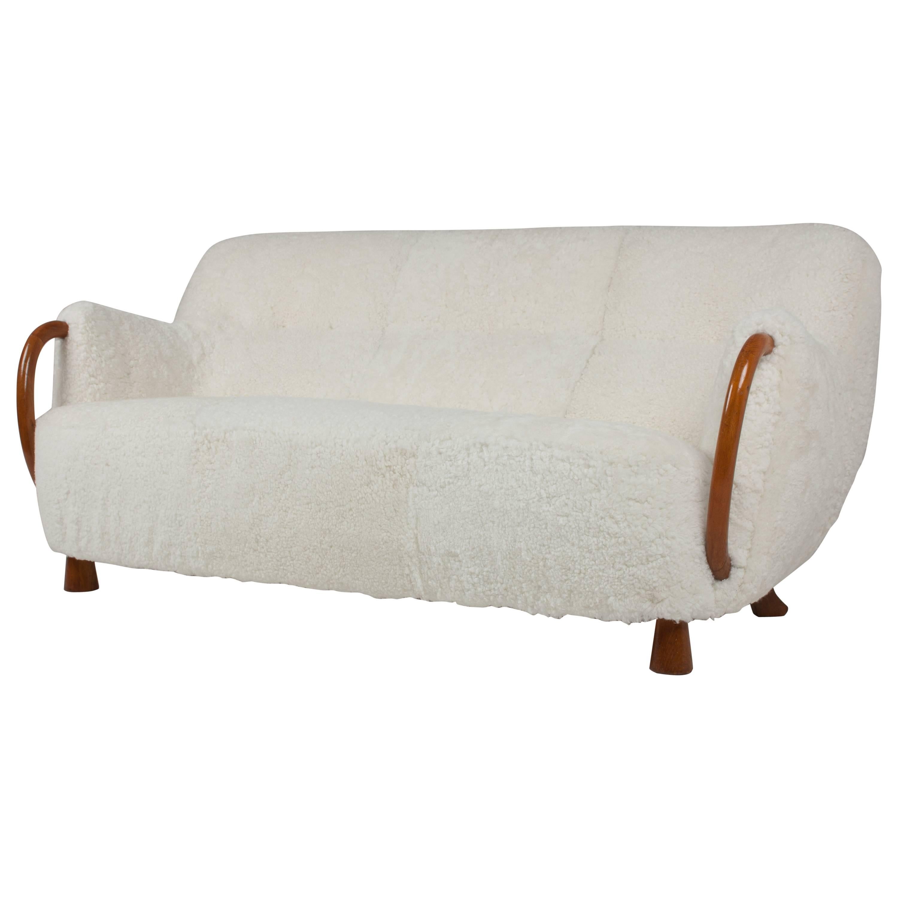 Vintage Three Seater Sofa with Sheepskin by Viggo Boesen for Slagelse Mobelvaerk For Sale
