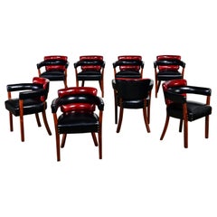 Early 20th Art Deco Dining Chairs Set 8 with Red & Black Leather & Wood Frames