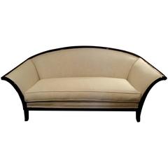 Sophisticated Vintage French Black Laquered Sofa with Nancy Corzine Upholstery