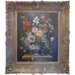 Oil on Canvas, Early 19th Century French School, Flowers on a Marble Ledge