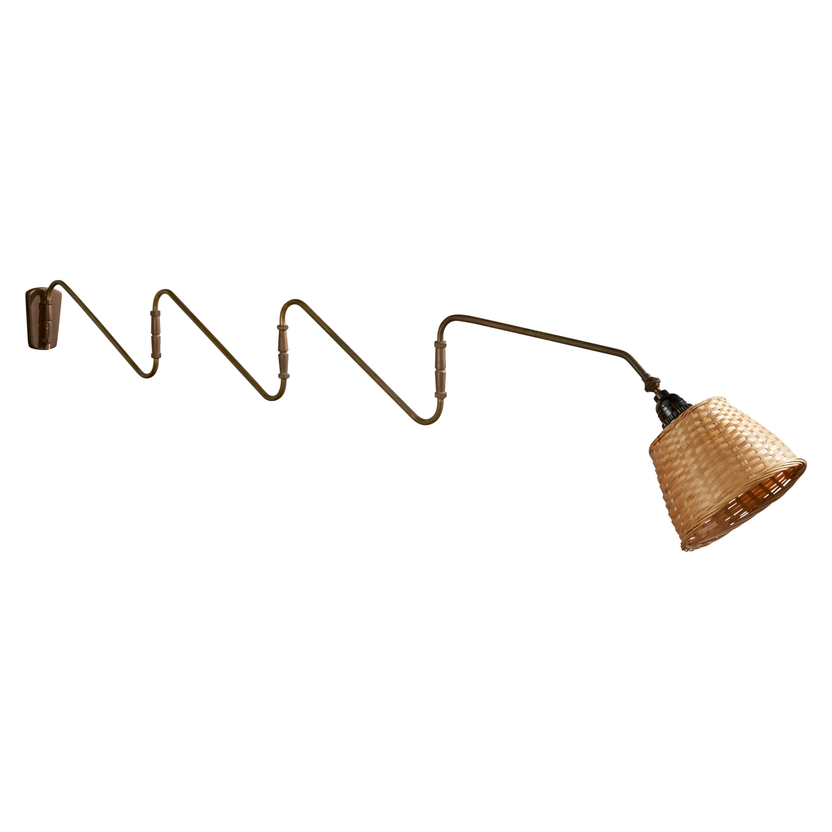 Danish Designer, Wall Light, Brass, Rattan, Denmark, 1940s