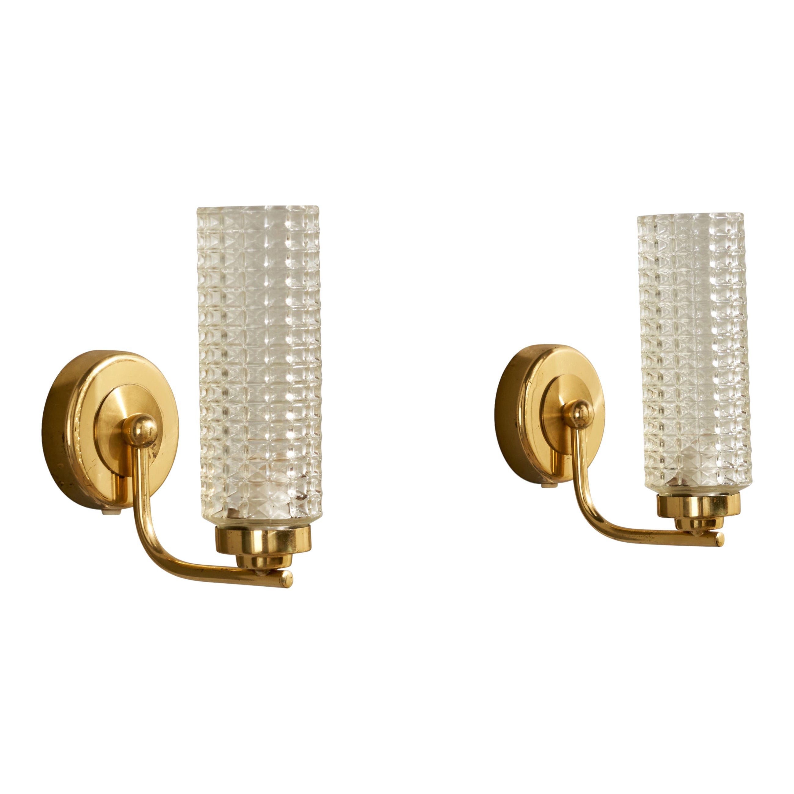 Swedish Designer, Wall Lights, Brass, Glass, Sweden, 1970s