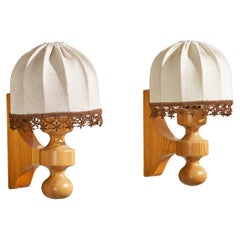 Swedish Designer, Wall Lights, Pine, Fabric, Sweden, 1970s