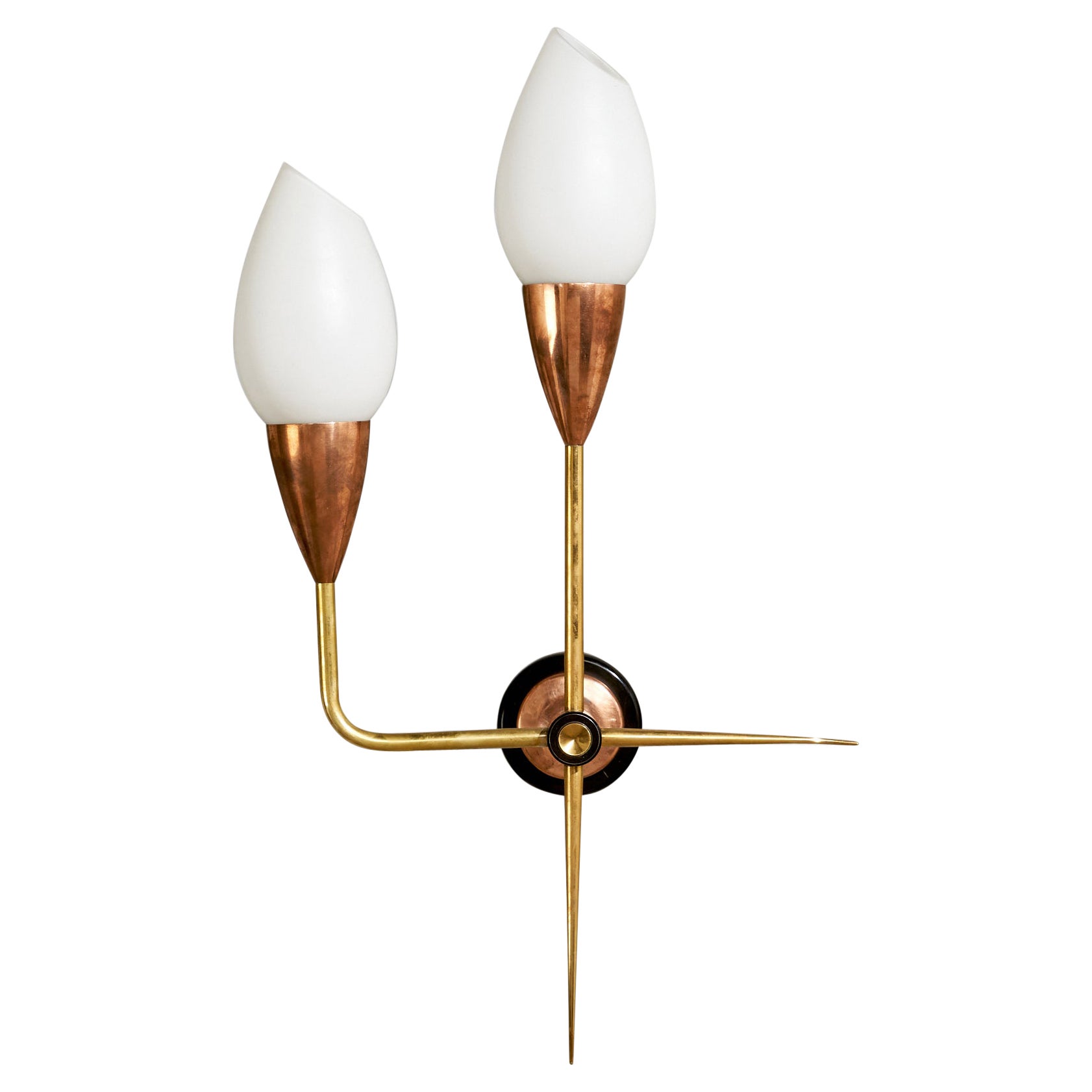 French Designer, Wall Light, Brass, Copper, Metal, Glass, France, 1950s