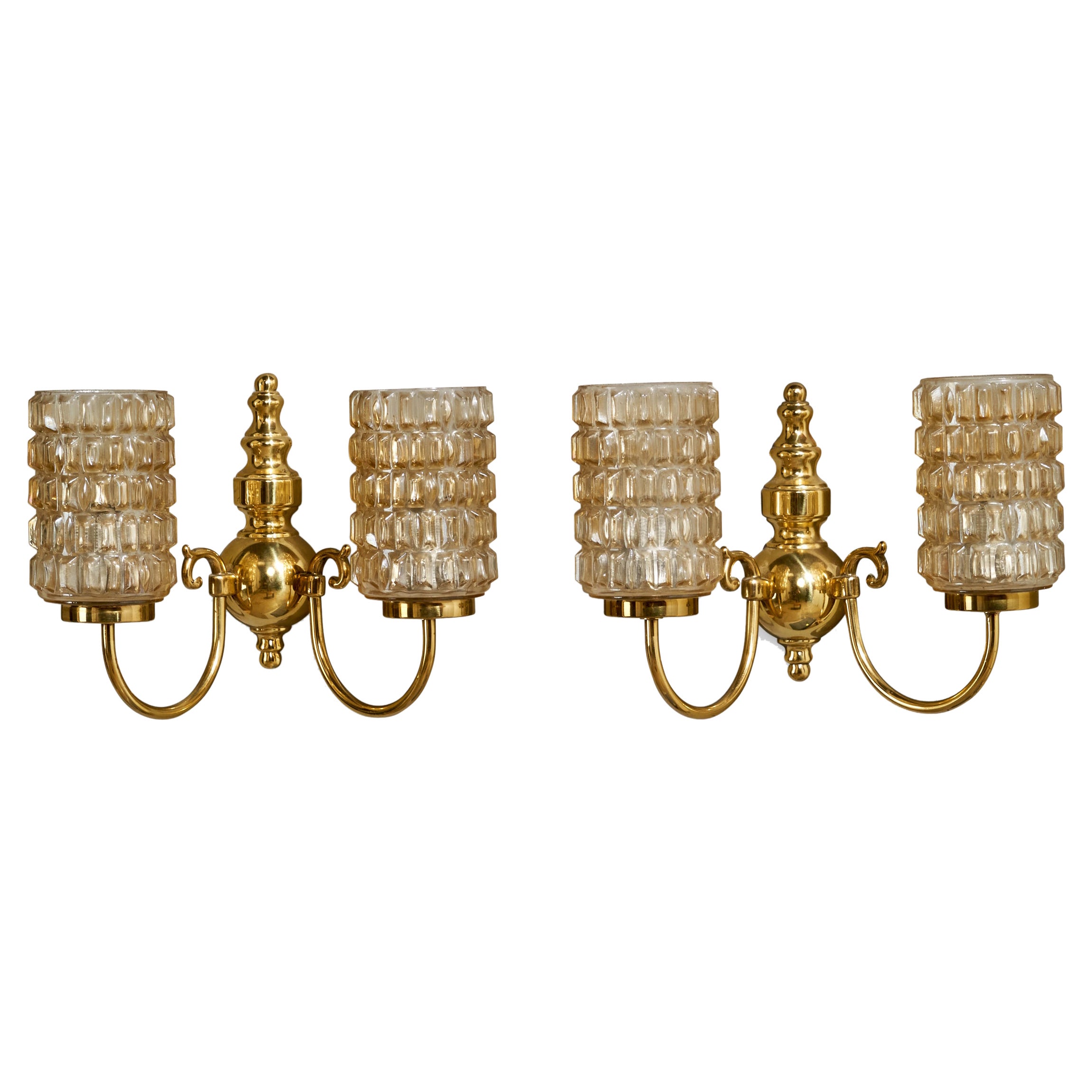 Swedish Designer, Wall Lights, Brass, Glass, Sweden, 1960s