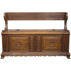 Antique 18th Century Rhineland Carved Oak Bench with Storage
