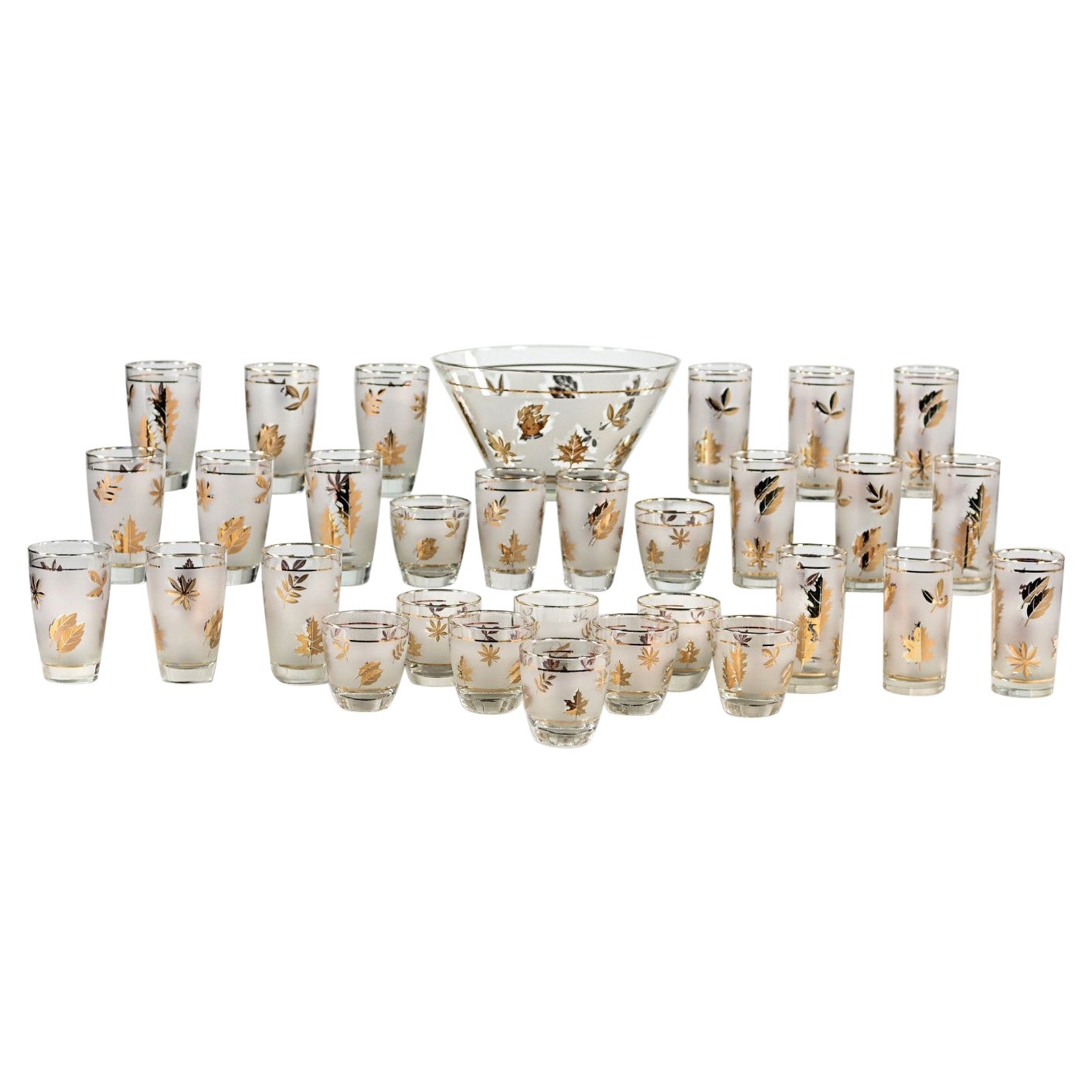 Vintage MCM Libbey Frosted Golden Foliage Pattern 31 Piece Glassware Set & Bowl