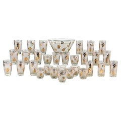 Vintage MCM Libbey Frosted Golden Foliage Pattern 31 Piece Glassware Set & Bowl