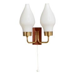Swedish Designer, Wall Light, Brass, Teak, Glass, Sweden, 1950s