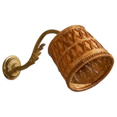 French Designer, Wall Light, Brass, Rattan, France, 1950s