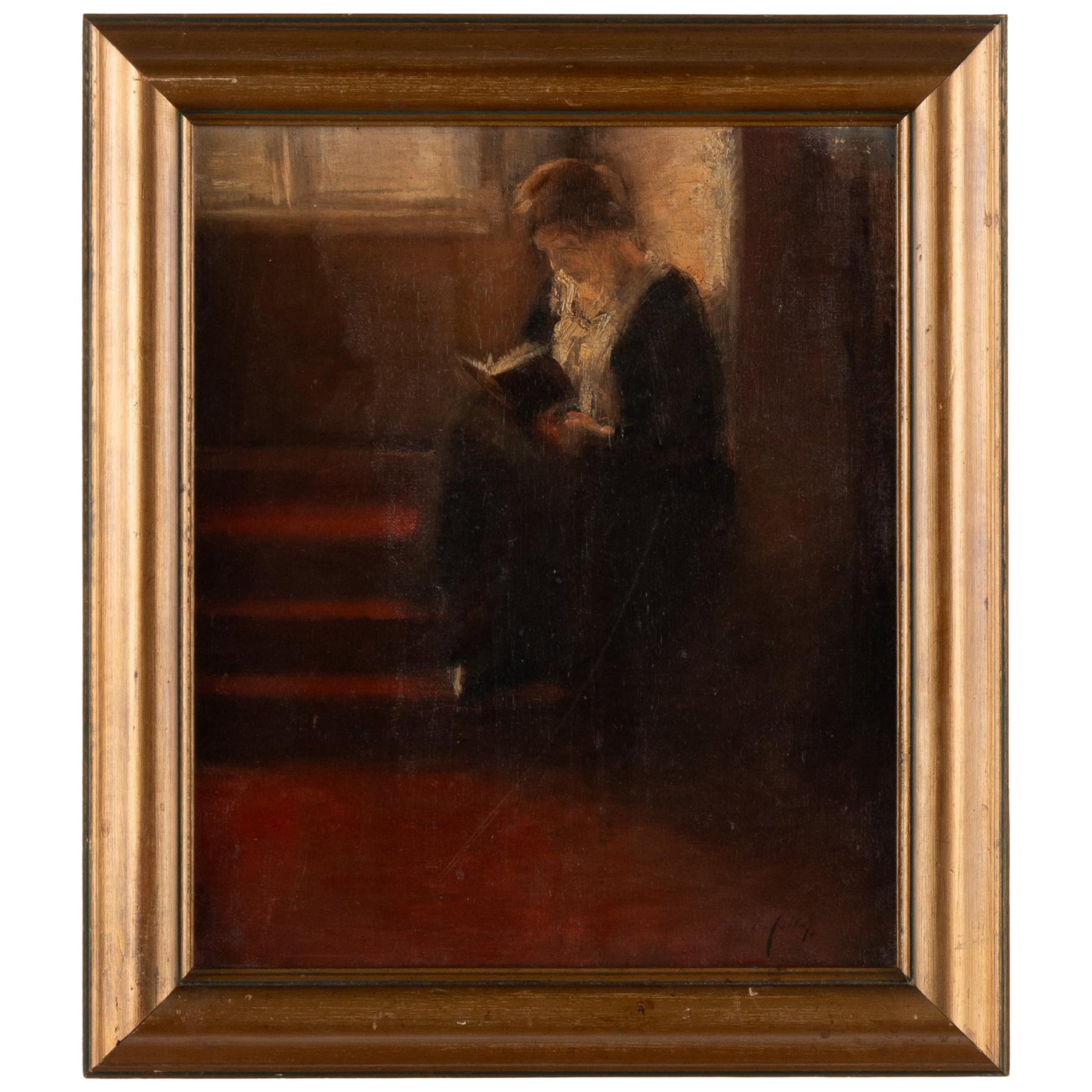 Olio originale su tela Interno di donna che legge, firmato da Edvard Anders Saltof in vendita