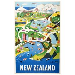 Original Vintage Oceania Travel Poster New Zealand North Island Dennis Beytagh