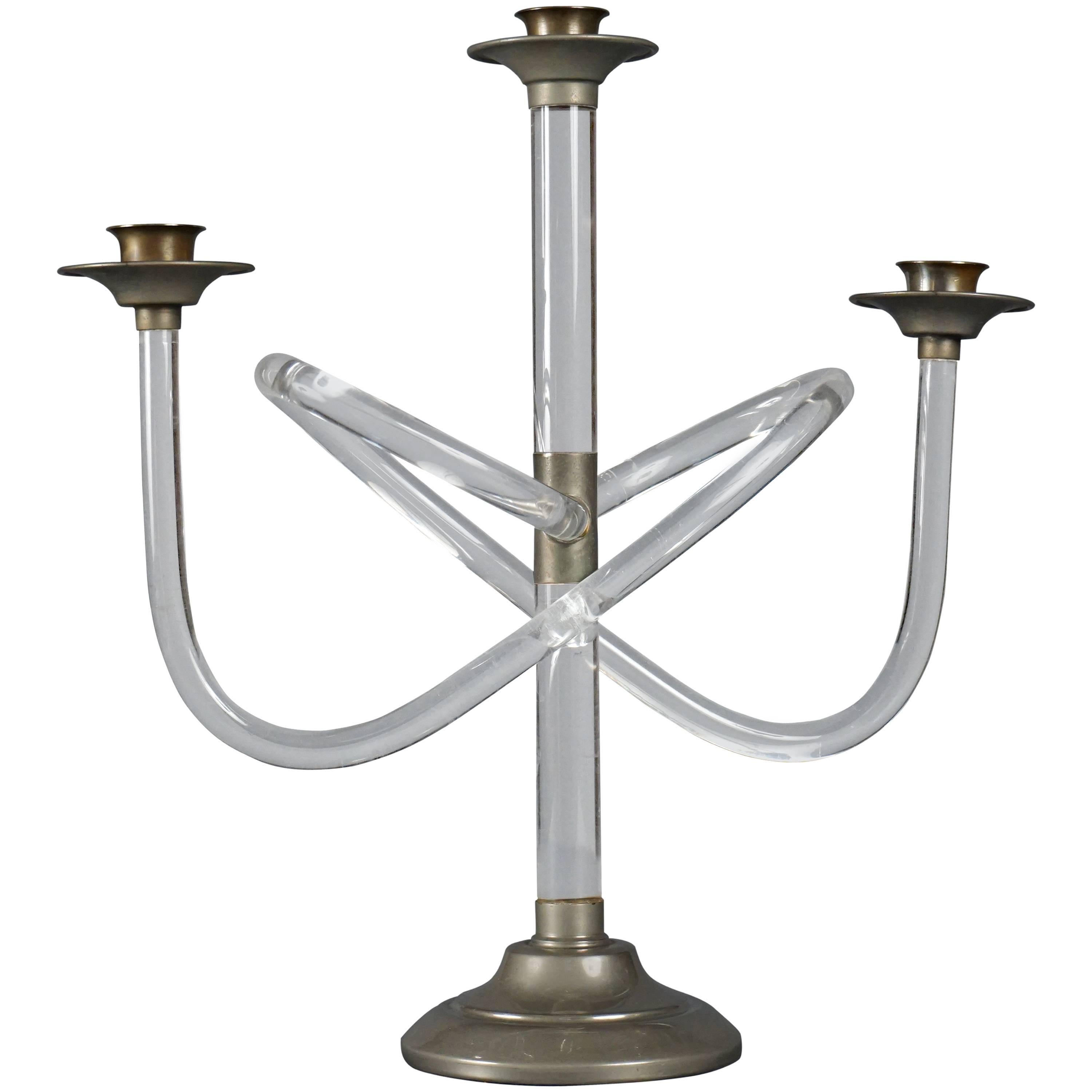 Italian Mid-Century Lucite and Brass Candelabra For Sale