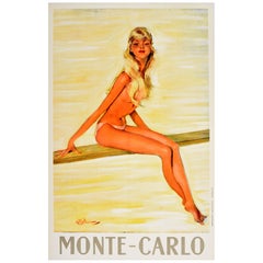 Original Vintage-Reiseplakat, Monte Carlo, Mädchen, Pin Up Domergue, Tauchenbrett