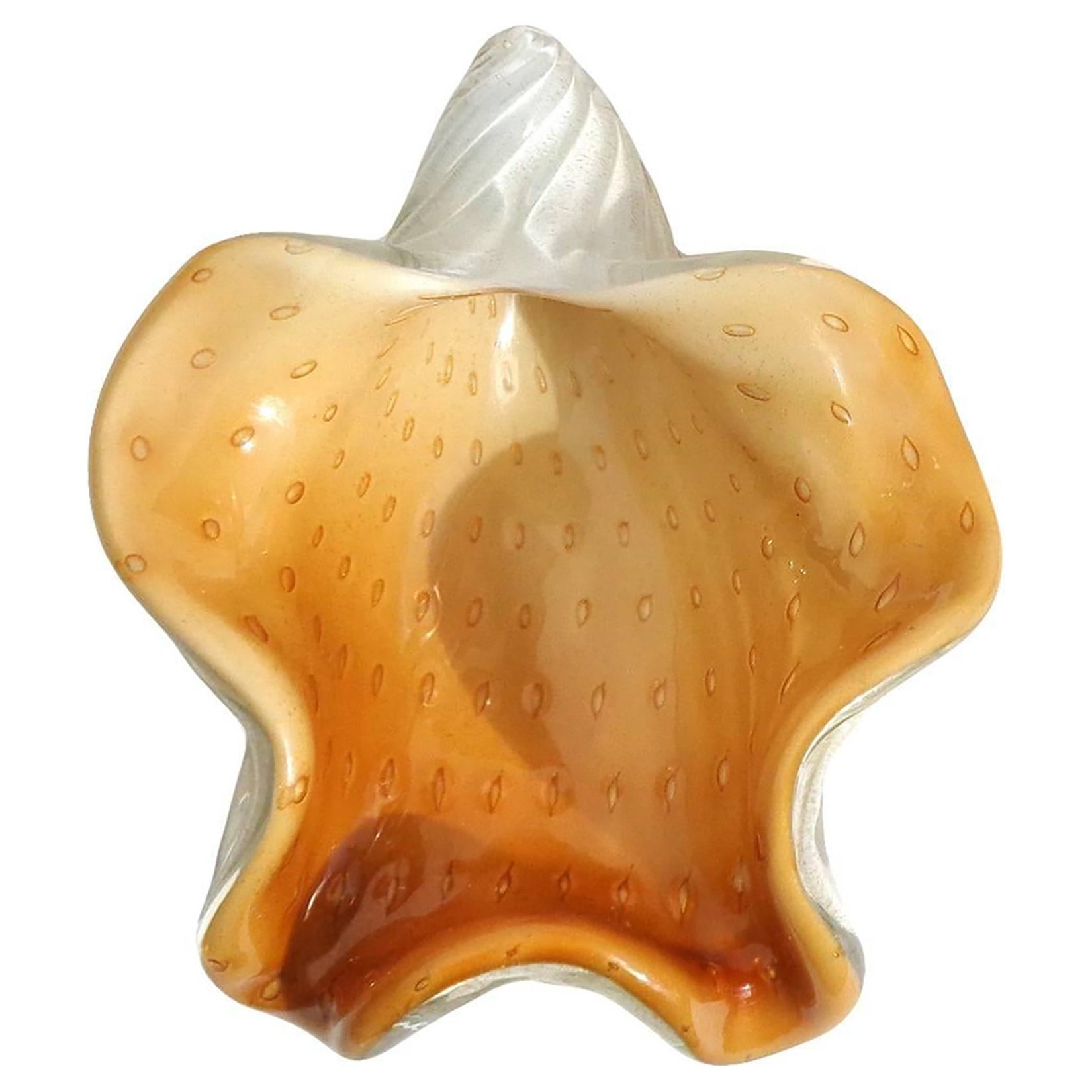 Barbini Murano Bianco Arancione Foglia d'Oro Ciotola Sculture di Conchiglie in Vetro d'Arte Italiana
