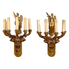 Pair Antique French Empire Gold Bronze and Marble Sconces, Circa 1830-1850.
