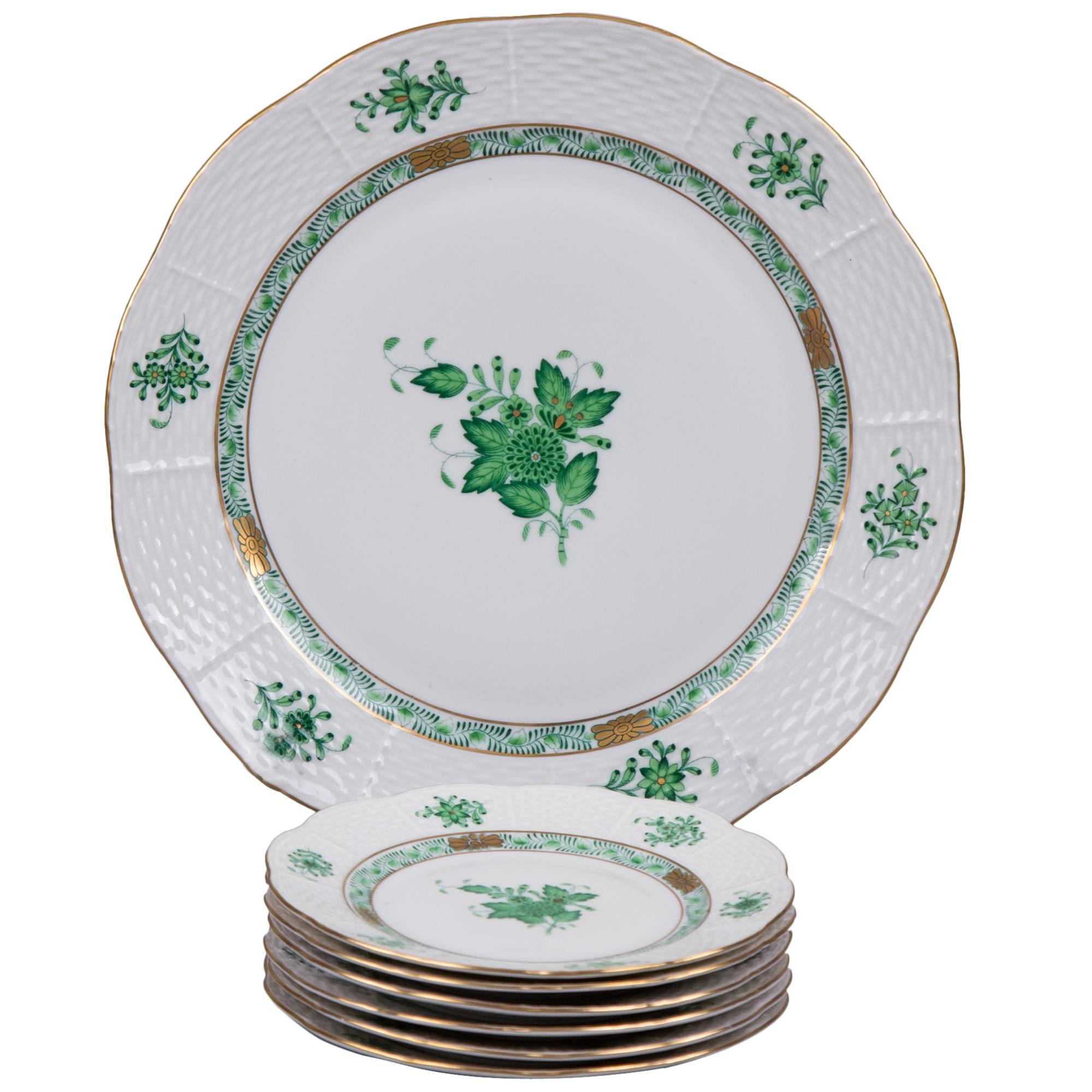Herend Chinese Bouquet Green Dessert Set for Six Persons For Sale