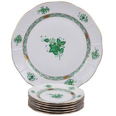 Retro Herend Chinese Bouquet Green Dessert Set for Six Persons