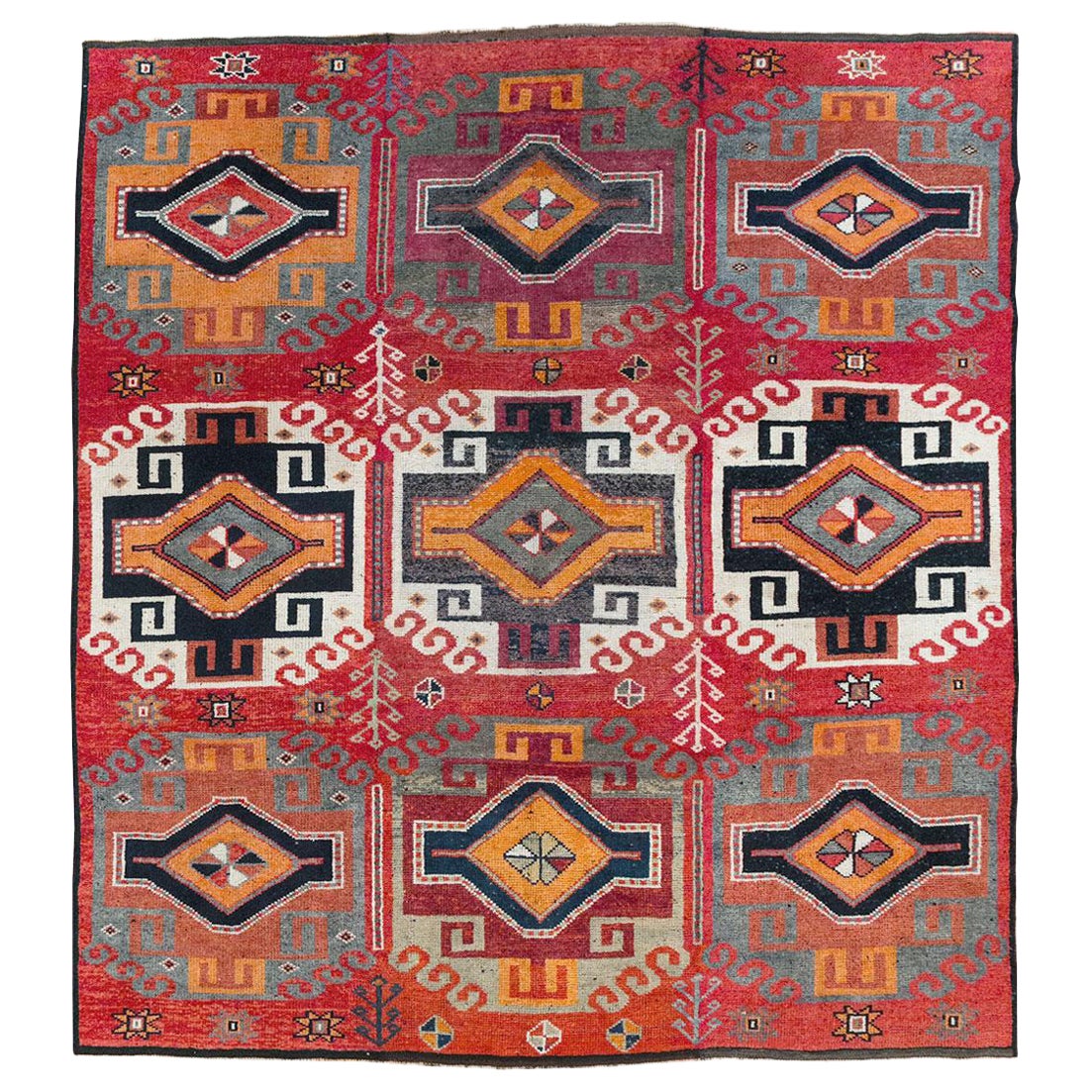 Mid-20th Century Handmade Turkish Tribal Square Room Size Carpet For Sale