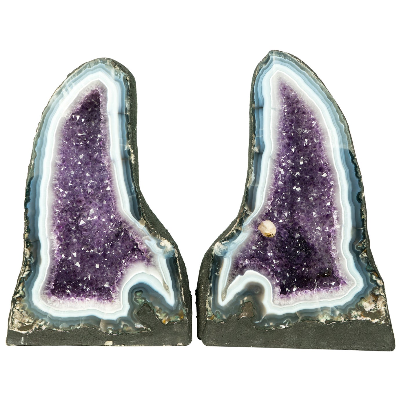 Pair of Bookmatching Natural Agate Geode Cathedrals with White & Blue Laces For Sale