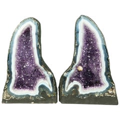Pair of Bookmatching Natural Agate Geode Cathedrals with White & Blue Laces