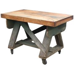 Antique Rustic Trussed Work Table on Wheels
